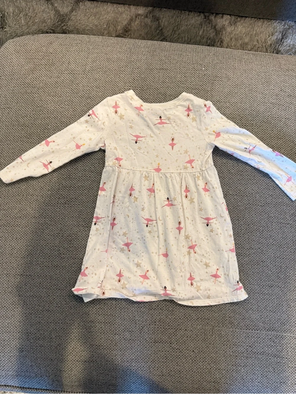 Old Navy Girls Ballerina Print Fit & Flare Long Sleeve Dress White Pink Knee 3T